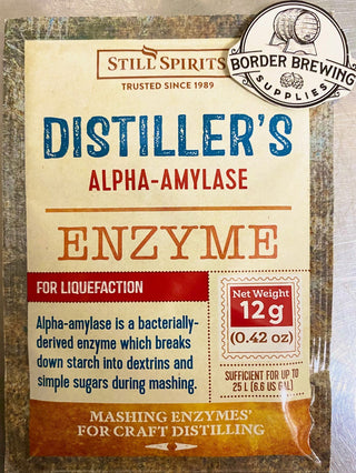 Alpha-Amylase Distiller's Enzyme Still Spirits A bacterially-derived, powdered enzyme which breaks down starch into dextrin's & simple sugars during mashing.  Treats 25L wash