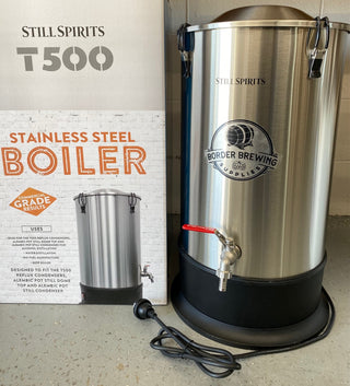 Boiler Still Spirit T500 Condenser Pot Stills Twin Element Turbo Stainless Steel 500. Boiler 25L Turbo 500 Still Spirits This Boiler has 2 x 1100 watt elements that can be controlled by 2 on & off switches.  This enables 50% power, ideal for slow spirits runs on pot stills  The T500 Boiler is the recommended boiler base for use with the T500 Reflux Condensers & Alembic Dome with Condenser.
