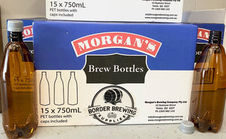 Beer Brew Bottles 750ml PET Amber Morgan's Box of 15 - includes caps  High PSI rating. Which is perfect for bottling Beer, Cider, Ginger Beer, Mead etc  PET bottles are reusable, lightweight & shatterproof.  Two boxes of bottles (30 bottles) are needed for most brews.