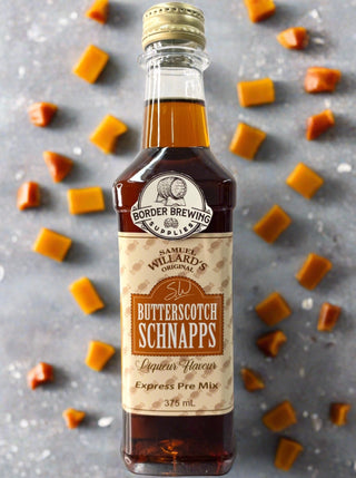 Samuel Willards Butterscotch Schnapps Liqueur Express Premix Essence Spirit Flavouring Brown Sugar, Butter, Cream & hints of Vanilla Bean. This Butterscotch Schnapps Premix flavour version is delicious over ice or in a cocktail. De Kuyper style.  Samuel Willard’s Express premix is already mixed with the recommended sugar base, so there is no messy mixing required, just Shake and Pour, makes 1.125L of finished product