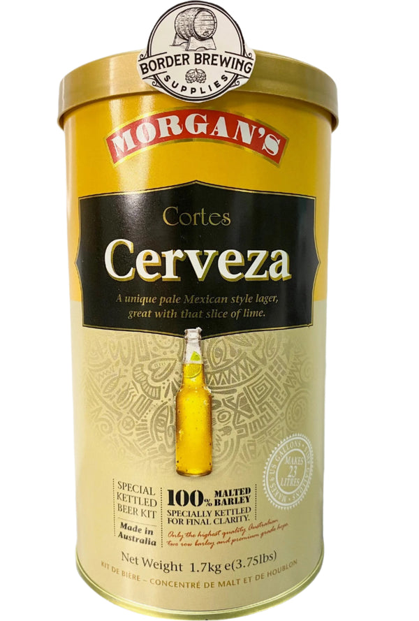 Cortes Cerveza Morgan’s Brewing Co. 1.7kg Malt Extract Brewing Kit Special Kettled Beer Kit A unique pale Mexican style lager, great with that slice of Lime. Made in Australia with premium quality ingredients. Corona