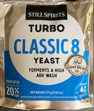 Classic 8 Turbo Yeast. Still Spirits. Ferments a high ABV wash. Fermentation Time: 6kg Sugar At 18°C for 3 days At 30°C for 2 days Using a Reflux Condenser: 3.7L @ 93% ABV  8kg Sugar At 16°C for 10 days At 25°C for 5 days Using a Reflux Condenser: 4.5L @ 93% ABV
