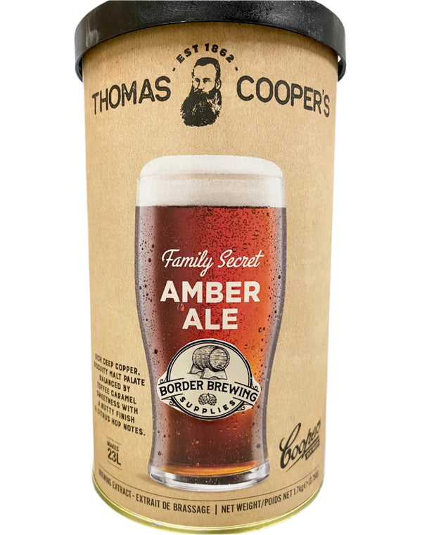 FAMILY SECRET Amber Ale Thomas Coopers Craft Series 1.7kg DIY Malt Extract Brewing Kit Luckily for beer lovers, this Amber Ale recipe is one of the secrets passed down by the members of the Cooper family. Rich deep copper in colour, this mid bodied Ale has a Biscuity malt palate balanced by Toffee Caramel sweetness & a Nutty finish with Citrus hop notes. Certainly a secret worth sharing.