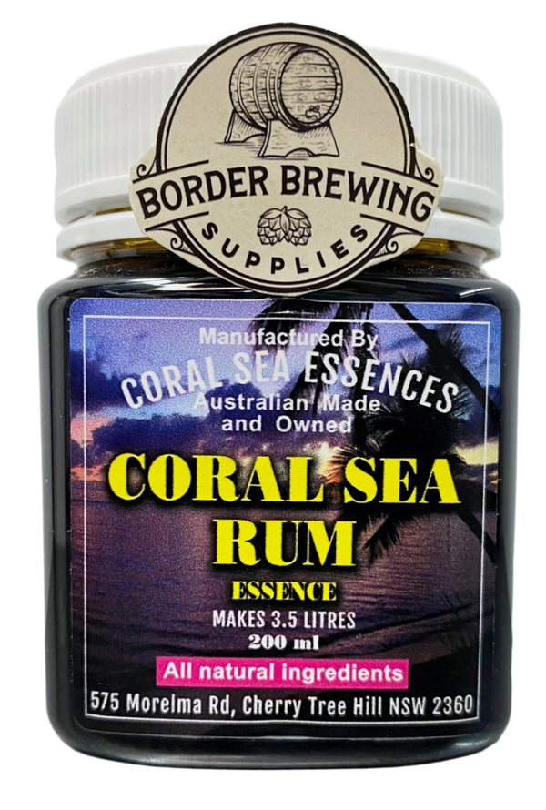 Coral Sea Rum Essence Produces a rich, smooth, yet full bodied dark rum resembling another well known Queensland icon. Coral Sea Rum essence is made from a special blend of refined cane sugars with no preservatives, colours or flavours added. This is the taste of the tropics. This 200ml Coral Sea Rum essence, is sufficient to flavour 3.5 litres of delicious rum.
