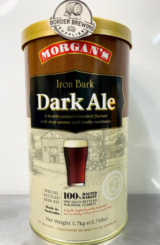 Ironbark Dark Ale Morgan’s Brewing Co. 1.7kg Malt Extract Brewing Kit Special Kettled Beer Kit A hearty caramel roasted flavour with deep aroma & nutty overtones. Powered up with dark crystal malt.  Made in Australia with premium quality ingredients.