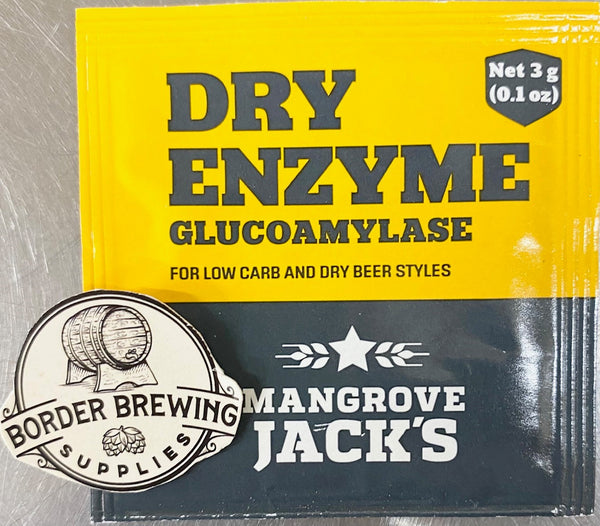 Glucoamylase Dry Enzyme Sachet 3g Use for Low Carb & Dry Beer Styles Add with the yeast to help break down more of the malt sugars which allows for a lower carb, drier beer. This enzyme may extend fermentation time so ensure the specific gravity is stable for 3 days prior to bottling or kegging.