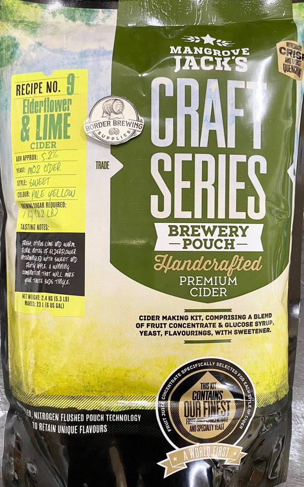 Elderflower & Lime Cider Craft Series 2.4kg Mangrove Jack's Fresh citrus lime & warm floral notes of elderflower intermingled with fresh & fruity apple. A winning combination, the sharpness of lime with sweet fruity apple will make your taste buds tingle. The latest cold filling, nitrogen flushed pouch technology to retain the unique flavours.