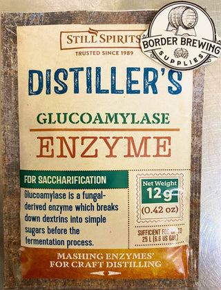 Glucoamylase Distiller's Enzyme Still Spirits A fungal-derived, powdered enzyme for breaking down short chain dextrins in starch substrate mashes to yield simple, fermentable sugars. Glucoamylase is applied either post-mashing or added with yeast for simultaneous saccharification and fermentation.  Treats a 25L wash
