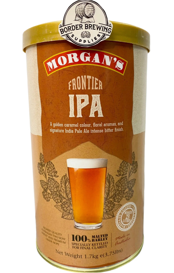 Frontier IPA Morgan’s Brewing Co. 1.7kg Malt Extract Brewing Kit Delivering the beloved hoppy flavour of a traditional IPA but with lower alcohol content so you can create a world class session IPA to enjoy again and again. Golden caramel colour, Floral hop aroma, Signature intense bitter IPA finish Colour – 12 EBC* Bitterness – 29 IBU Best brewed with Ultra Blend 1kg or Pale Liquid Malt Extract We recommend dry hopping your hand crafted brew with your favourite aroma hop.