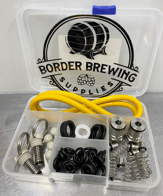 Keg Repair Kit. First Aid Kit For Ball Lock Kegs. The Complete Kegging Companion Seal Kit. Seals & other spare parts. All packed in a neat plastic storage container.Kit contents: 2 x Silicone Keg Lid O-ring 10 x Dip Tube O-Rings 20 x Post O-Rings 2 x Cornelius Pressure Relief Valve (PRV) 4 x Keg Lid Feet 6 x Poppets 2 x Nylon Regulator Washers 4 x 5/8 Washers for tap shanks & Keg Couplers 1 x Ball Lock Post - Gas  1 x Ball Lock Post - Liquid 
