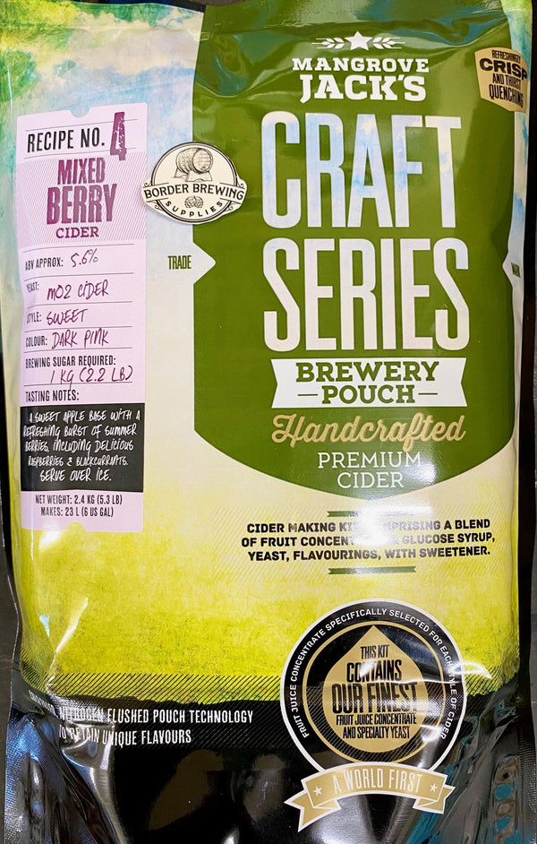 Mixed Berry Cider Craft Series 2.4kg Mangrove Jack's A sweet Apple base with a refreshing burst of Summer Berries, including delicious Raspberries & Blackcurrants. The latest cold filling, nitrogen flushed pouch technology to retain the unique flavours. Makes 23L ABV APPROX: 5.6% STYLE: Sweet COLOUR: Dark Pink