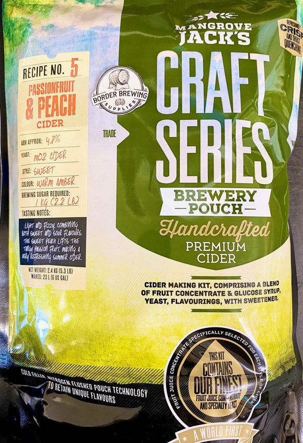 Passionfruit & Peach Cider Craft Series 2.4kg Mangrove Jack's Light and fizzy combining both sweet and sour flavours. The sweet peach lifts the tangy passionfruit, making a very refreshing summer cider. The latest cold filling, nitrogen flushed pouch technology to retain the unique flavours.
