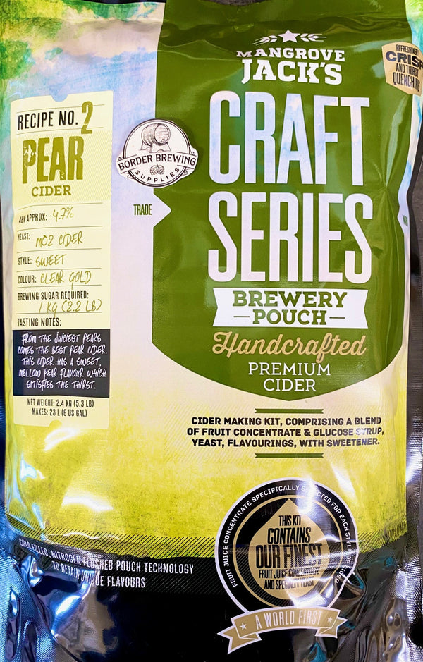 Pear Cider Craft Series 2.4kg Mangrove Jack's Fresh crisp Pears perfect on a hot summers day. The latest cold filling, nitrogen flushed pouch technology to retain the unique flavours.