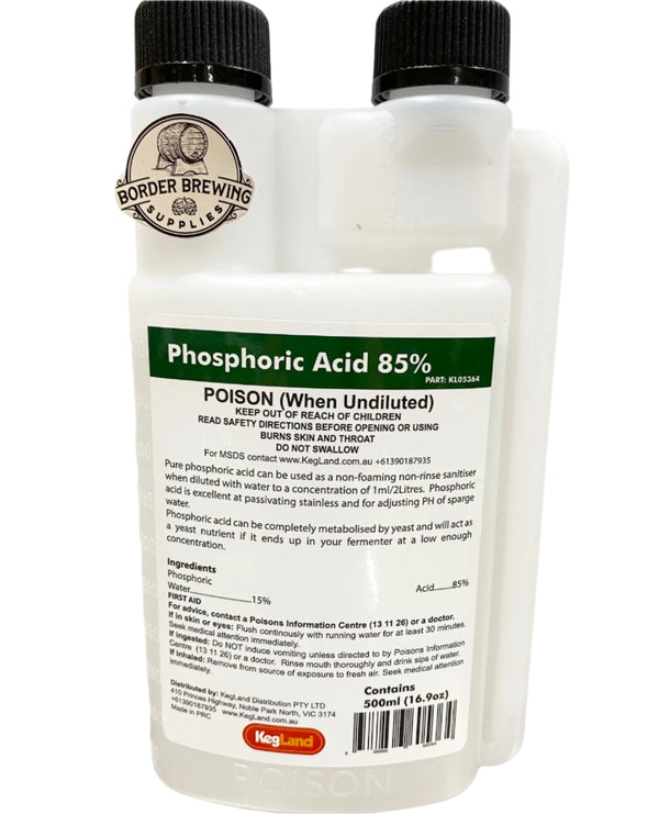 Phosphoric Acid 85% No Rinse 500ml Low Foam Sanitiser. Phosphoric acid is also an excellent chemical to use when passivating stainless steel. This formula is also great at adjusting the pH of Sparge water and your Mash pH. If you prefer to use the traditional pH adjusting ingredients we would suggest Acidulated Malt or our Lactic Acid 88%. Phosphoric acid can also be completely metabilised by yeast and will also act as a yeast nutrient if it ends up in your fermenter.