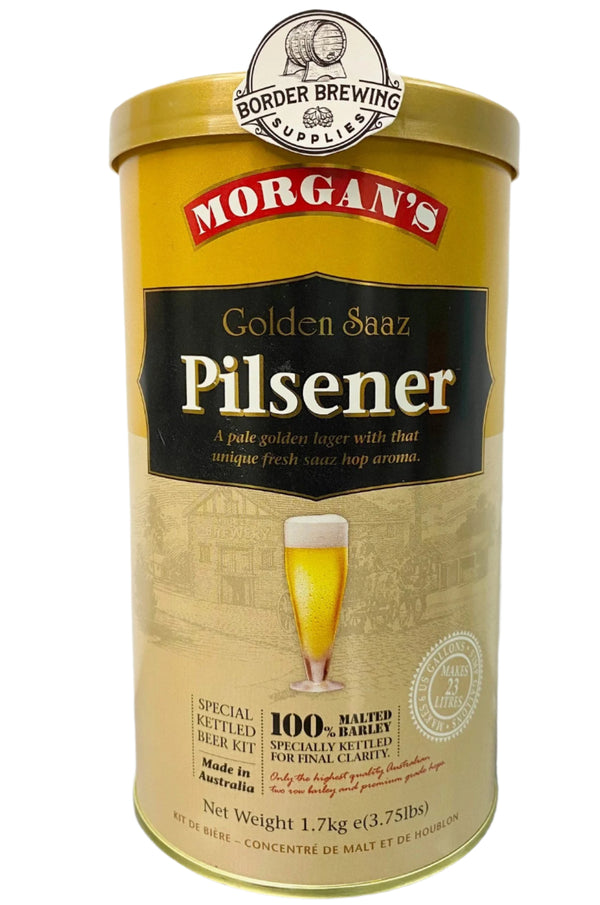Golden Saaz Pilsner Morgan’s Brewing Co. 1.7kg Malt Extract Brewing Kit Special Kettled Beer Kit Golden in colour, lightly hopped, slightly spicy with a distinct Saaz hop aroma. Made in Australia with premium quality ingredients