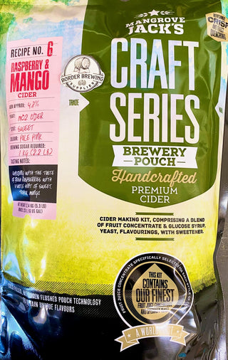Raspberry & Mango Cider Craft Series 2.4kg Mangrove Jack's Exploding with the taste of fresh raspberries with a subtle hint of sweet tropical mango.   The latest cold filling, nitrogen flushed pouch technology to retain the unique flavours.