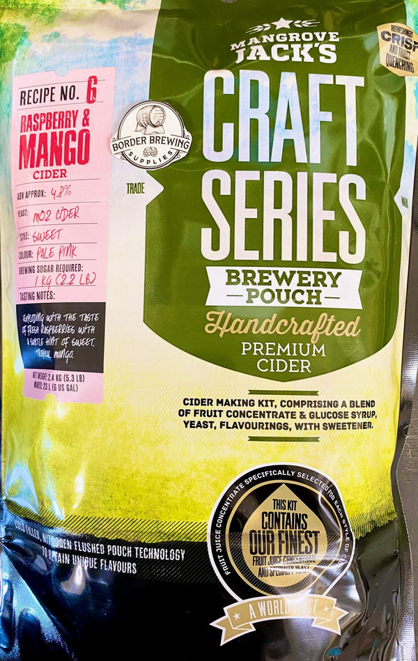 Raspberry & Mango Cider Craft Series 2.4kg Mangrove Jack's Exploding with the taste of fresh raspberries with a subtle hint of sweet tropical mango. The latest cold filling, nitrogen flushed pouch technology to retain the unique flavours.