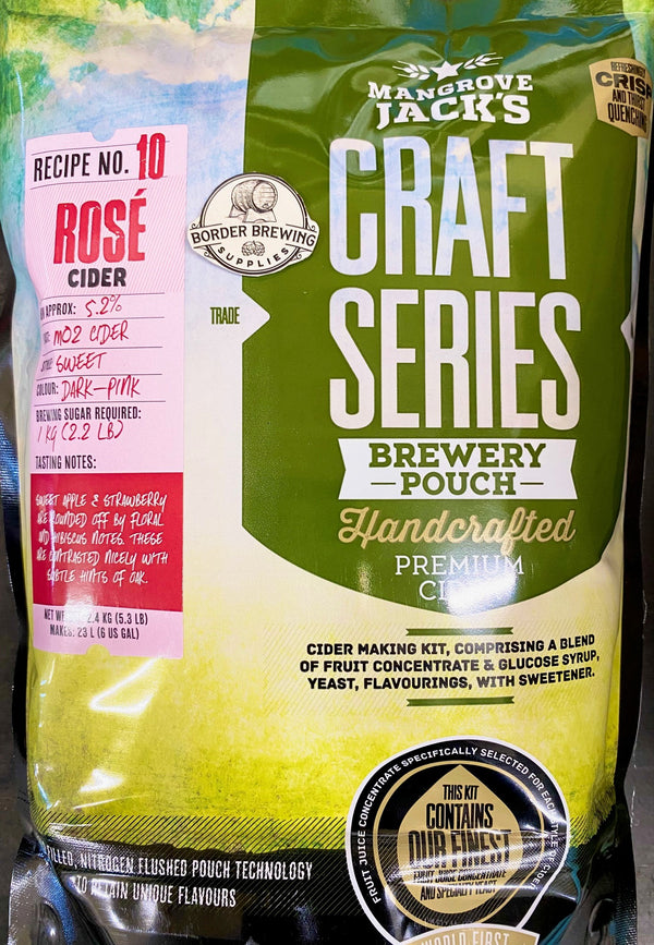 Rose Cider Craft Series 2.4kg Mangrove Jack's Sweet Apple & Strawberry are rounded off by Floral & Hibiscus notes that are contrasted nicely with subtle hints of Oak. The latest cold filling, nitrogen flushed pouch technology to retain the unique flavours. Makes 23L ABV: 5.2% Style: Sweet Colour: Dark Pink