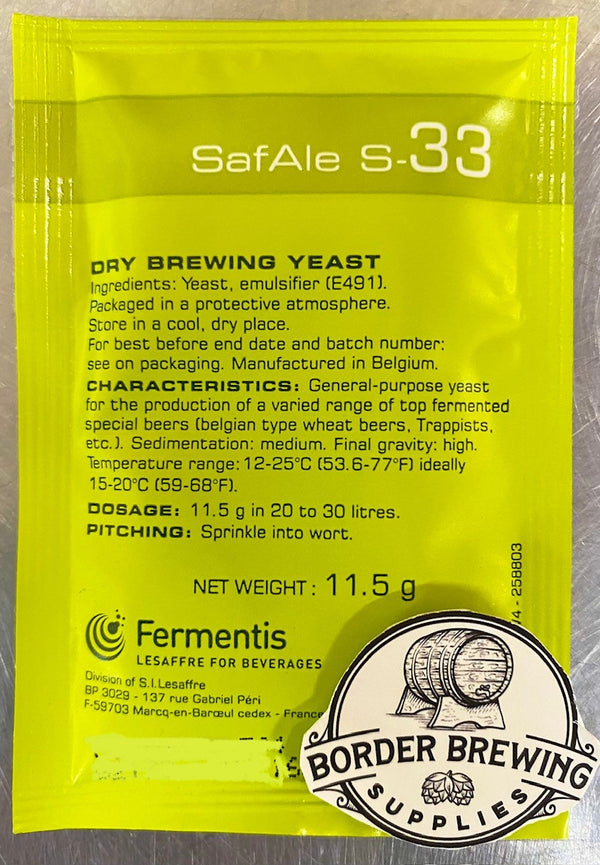 S-33 SafAle Fermentis Is a general purpose ale yeast with neutral flavour profiles. Its low attenuation gives beers a very good length on the palate. This is the yeast with a medium sedimentation: forms no clumps but a powdery haze when re-suspended in the beer. Ideal for specialty ales and trappist type beers.