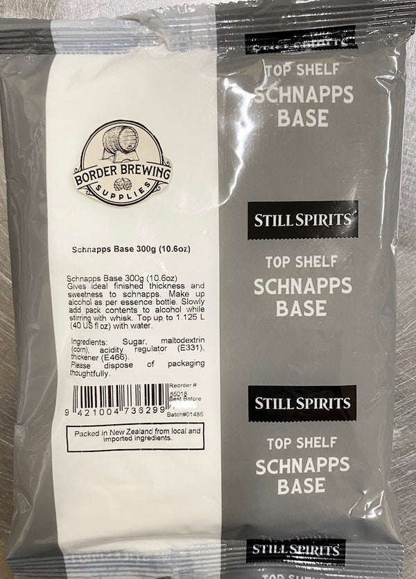 Schnapps Base Top Shelf Schnapps 300g Still Spirits Gives the ideal finished thickness and sweetness to any Schnapps Liqueur Add neutral spirit as indicated on the essence bottle in a large jug. Slowly add Schnapps Base while stirring with a whisk. Add essence and top up to 1.125L with water.