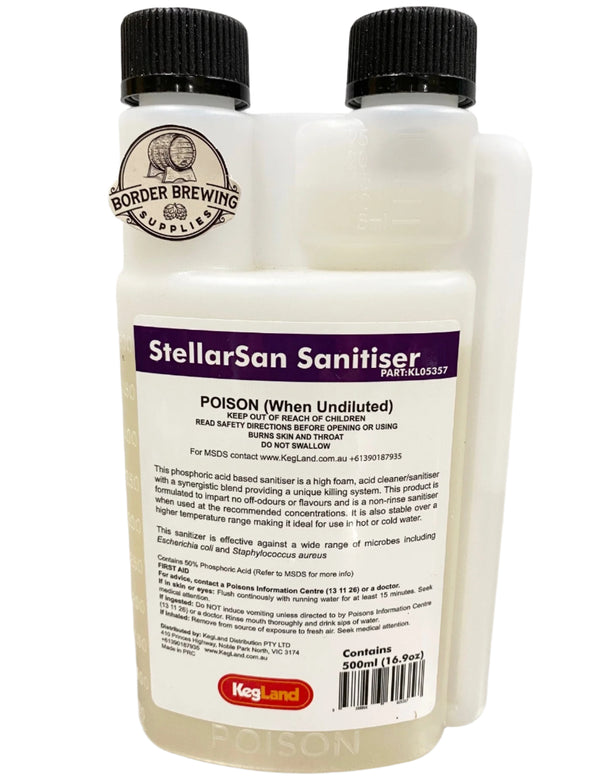 StellarSan Sanitiser No Rinse 500ml 100% Food Grade Perfect for santising all your brewing equipment and surface areas. Not suitable for use on wood, unglazed porcelain or other porous materials, soft metal such as aluminium, copper or brass. Phosphoric Based - similar to StarSan