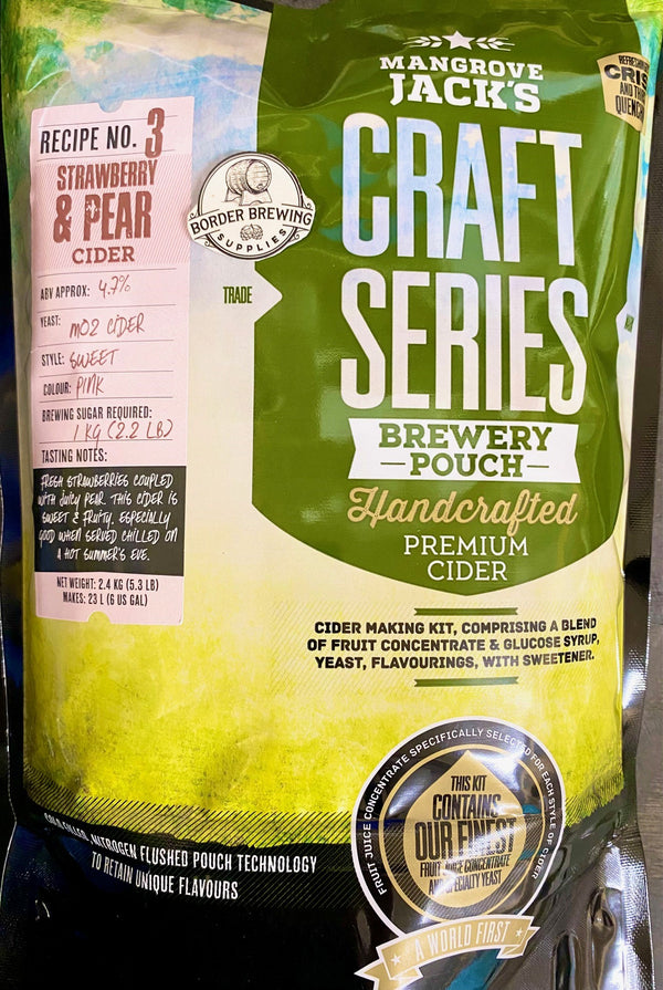 Strawberry & Pear Cider Craft Series 2.4kg Mangrove Jack's Fresh Strawberries coupled with juicy pear. This cider is sweet and fruity, especially good when served chilled on a hot summer's eve. The latest cold filling, nitrogen flushed pouch technology to retain the unique flavours.