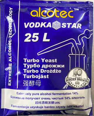 Alcotec Vodka Star Turbo Yeast Pure Extreme Purity Clean Distilling Spirit Wash. VODKA STAR Turbo Yeast Alcotec Contains a high purity yeast strain, chosen for its ability to create very Clean & Neutral alcohol from a sugar wash.  It will ferment to 14% in 5-6 days.  Note: for making vodka from grains, you also need enzymes to break down starch components into fermentable sugars.