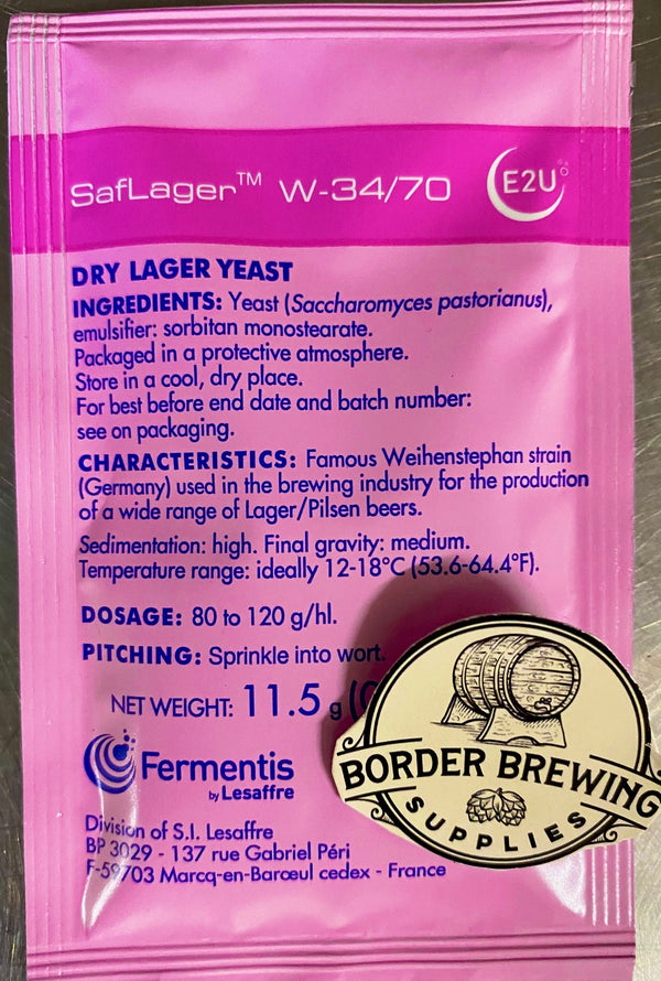 W-34/70 SafLager Fermentis This famous brewer’s yeast strain from Weihenstephan in Germany is used world-wide within the brewing industry. SafLager™ W-34/70 allows the brewing of beers with a good balance of floral and fruity aromas and gives clean flavours and high drinkable beers.
