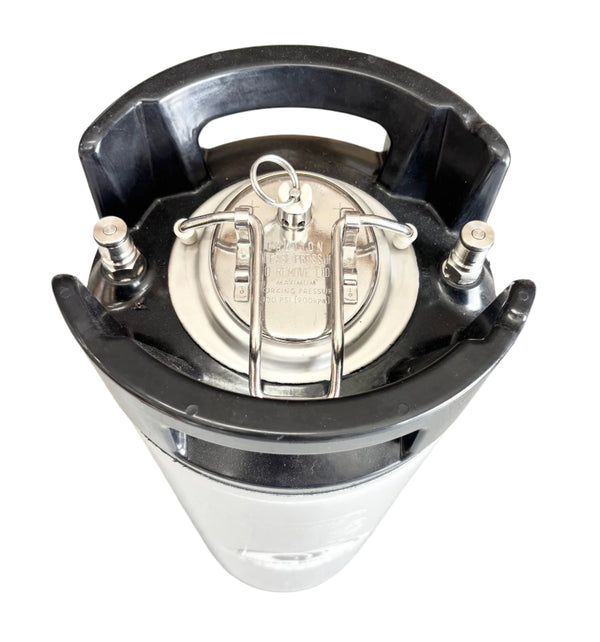Gas and liquid ball lock posts and pressure relief lid on a 19L stainless steel keg
