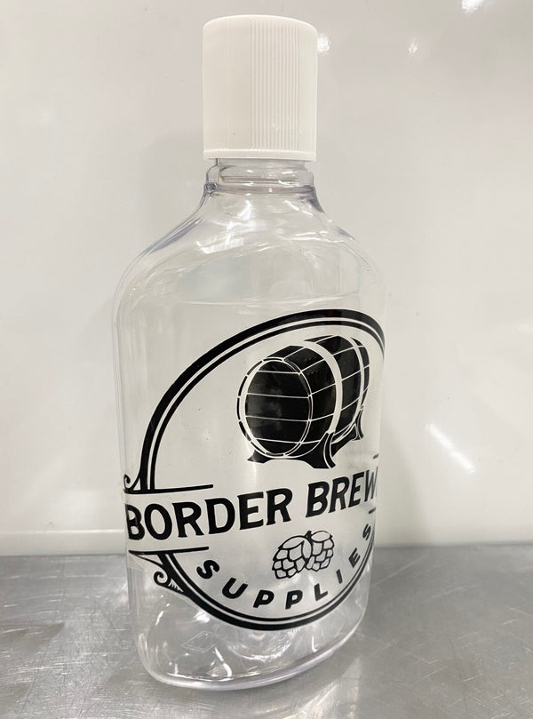 PET Spirit Bottle 500ml Flask type with White Cap This clear PET bottle is great for when you need to take your alcohol out with you.  Camping, Music Festivals, Boating, Outdoors & more, without the worry of having a glass bottle breaking.