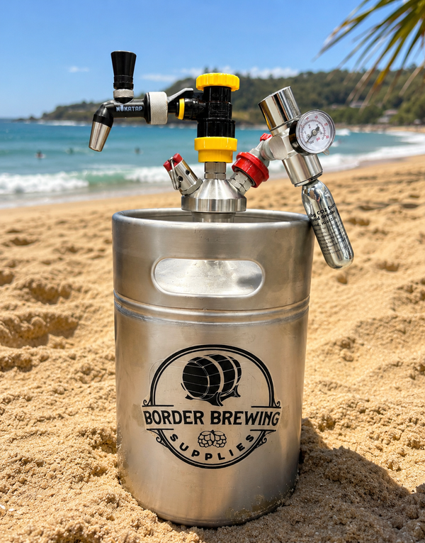 Complete 5 litre stainless steel mini keg dispensing kit with tap and regulator for serving homebrew beer, cider and sparkling water.