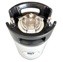 Gas and liquid ball lock posts and pressure relief lid on a 9.5L stainless steel keg