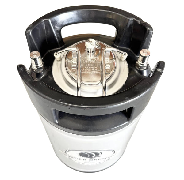 Gas and liquid ball lock posts and pressure relief lid on a 9.5L stainless steel keg