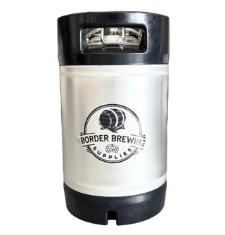 9.5L stainless steel ball lock keg with black rubber handle and base