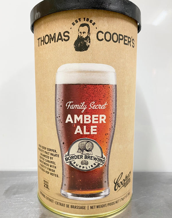 FAMILY SECRET Amber Ale Thomas Coopers Craft Series 1.7kg DIY Malt Extract Brewing Kit Luckily for beer lovers, this Amber Ale recipe is one of the secrets passed down by the members of the Cooper family.  Rich deep copper in colour, this mid bodied Ale has a Biscuity malt palate balanced by Toffee Caramel sweetness & a Nutty finish with Citrus hop notes.  Certainly a secret worth sharing.