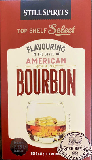 American Bourbon Top Shelf Select Still Spirits Creates a rich smokey bourbon with wood barrel aromas and subtle Chocolate & Vanilla notes for a smooth finish.   Flavours 2.25L - 2 individual sachets that flavour 1.125L each  In the style of Jim Beam