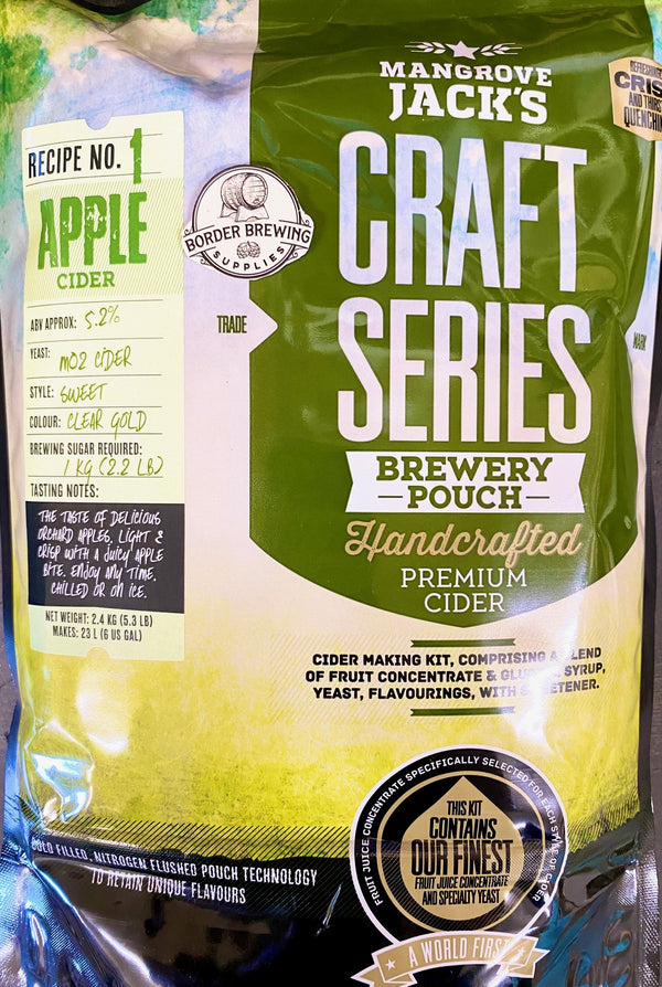 Apple Cider Craft Series 2.4kg Mangrove Jack's The taste of delicious Orchid Apples, light and crisp with a juicy apple bite. Enjoy over ice.  The latest cold filling, nitrogen flushed pouch technology to retain the unique flavours.