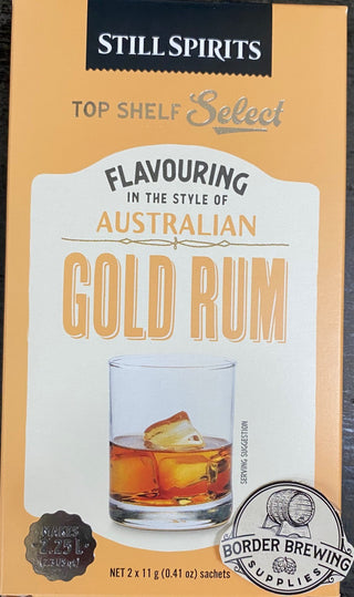 Australian Gold Rum Top Shelf Select Still Spirits Makes a smooth, golden rum style flavour, with hints of Vanilla & a sweet Caramel finish.  Flavours 2.25L - 2 individual sachets that flavour 1.125L each