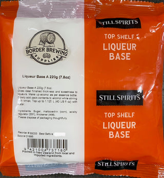 Base A Top Shelf Liqueur 220g Still Spirits Gives the ideal finished thickness and sweetness to Liqueurs.  Add neutral spirit as indicated on the essence bottle in a large mixing jug. Slowly add Base A while stirring with a whisk. Add essence and top up to 1.125L with water.