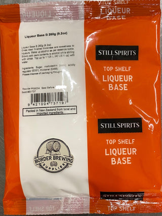 Base B Top Shelf Liqueur 260g Still Spirits Gives the ideal finished thickness and sweetness to Liqueurs.  Add neutral spirit as indicated on the essence bottle in a large mixing jug. Slowly add Base B while stirring with a whisk. Add essence and top up to 1.125L with water.