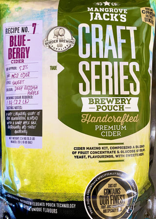 Blueberry Cider Craft Series 2.4kg Mangrove Jack's A soft lingering scent of ripe blueberries blended with a sharp apple base. Refreshing and thirst quenching.  The latest cold filling, nitrogen flushed pouch technology to retain the unique flavours.