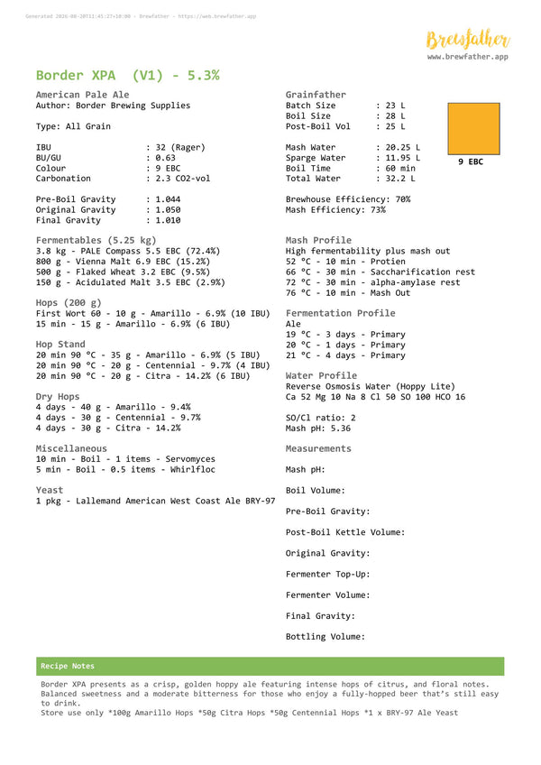 Brewfather brewing recipe for the Border XPA American Pale Ale All Grain Recipe Kit
