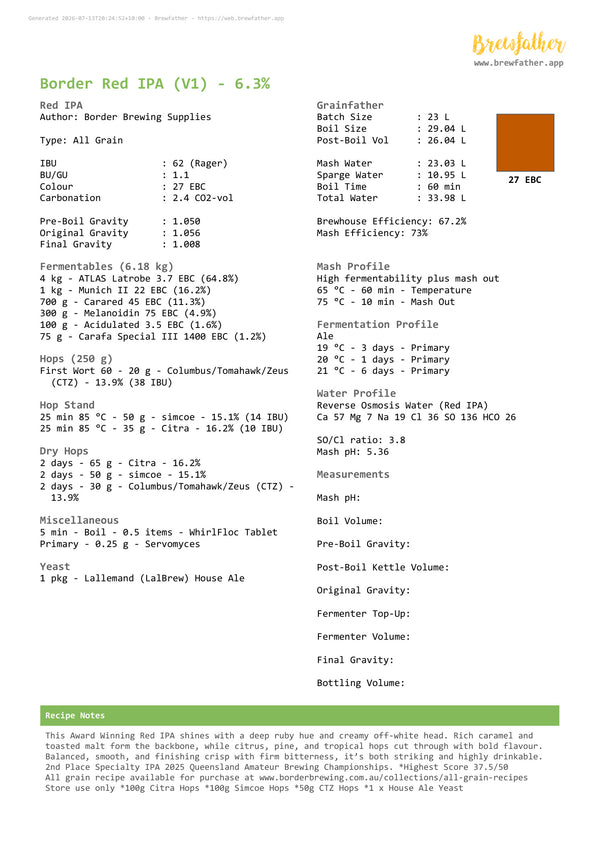 Complete Brewfather recipe for the award-winning Border Red IPA All Grain Recipe Kit by Border Brewing Supplies.