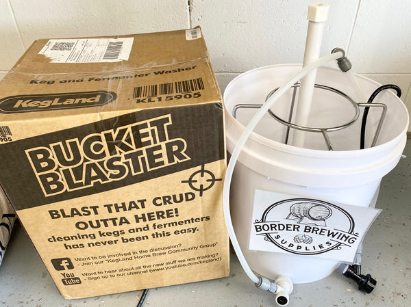 Bucket Blaster Keg & Fermenter Cleaner Washer Bucket Blaster Keg & Fermenter Washer Kit This Bucket Blaster is a great way to wash & clean your kegs, fermenters, fermzilla, carboy's & other brewery gear while you attend to other tasks.  *This system includes a 2000L per hour pump, a 15L bucket, a powerful jet nozzle, 3/8 EVABarrier tubing, a duotight tee piece, a grey & a black ball lock disconnect and a stainless stand. 