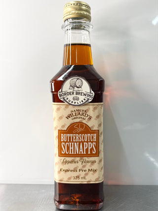 Samuel Willards Butterscotch Schnapps Liqueur Express Premix Essence Spirit Flavouring Brown Sugar, Butter, Cream & hints of Vanilla Bean. This Butterscotch Schnapps Premix flavour version is delicious over ice or in a cocktail. De Kuyper style.  Samuel Willard’s Express premix is already mixed with the recommended sugar base, so there is no messy mixing required, just Shake and Pour, makes 1.125L of finished product
