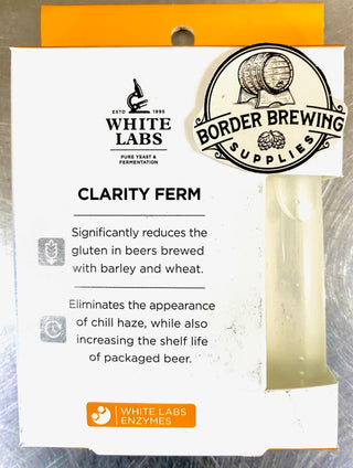 Clarity Ferm Gluten Reducer Enzyme White Labs Significantly reduces the Gluten in beers brewed with barley or wheat.  Eliminates the appearance of Chill Haze, while also increasing the shelf life of packaged beer.  Contains a unique protease enzyme used for gluten & chill haze reduction.  Add to cooled wort at the same time as yeast addition.