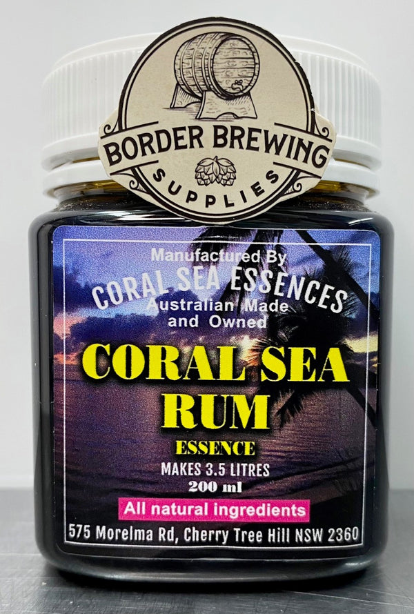 Coral Sea Rum Essence Produces a rich, smooth, yet full bodied dark rum resembling another well known Queensland icon.   Coral Sea Rum essence is made from a special blend of refined cane sugars with no preservatives, colours or flavours added. This is the taste of the tropics.  This 200ml Coral Sea Rum essence, is sufficient to flavour 3.5 litres of delicious rum.