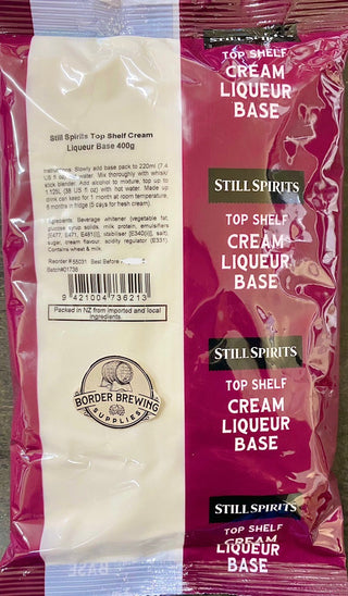 Cream Liqueur Base Top Shelf 400g Still Spirits Gives the ideal finished thickness, sweetness & creaminess to Cream Liqueurs.  Add 250ml warm water to large mixing jug. Add contents very slowly while stirring thoroughly with a whisk. Add neutral spirit as indicated on essence bottle & top up to 1.125L with water.