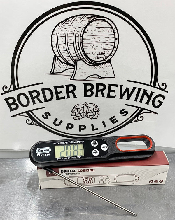 Thermometer Digital instant read Folding Probe A perfect pocket temperature probe for Homebrewing & BBQ! Check the temperature of your mash, whirlpool additions, or use it to check the internals of that fine-looking Lamb Roast on the BBQ!  With a range of -50°C to 300°C  *battery included*