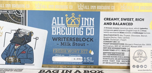 All Inn Brewing Fresh Wort Kit Writersblock Milk Stout Beer Home Brew Keg Kegerator 